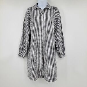 Pieces Navy Blue White Gingham Cotton Shirt Dress XS Pchila Long Sleeve Preppy